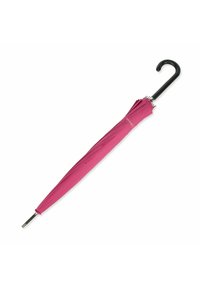 Pink folding umbrella with a black curved handle, a metal frame, and pleated fabric details. Compact design for easy carrying.