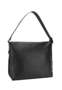 Borsa a tracolla in pelle nera con una texture liscia, chiusura a zip e una lunga tracolla regolabile. Caratterizzata da un design minimalista.