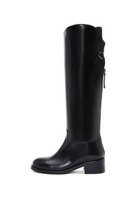 Black knee-high leather boots with a smooth finish, rectangular block heel, side zipper, and a strap detail at the top.