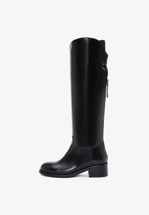 Black knee-high leather boots with a smooth finish, rectangular block heel, side zipper, and a strap detail at the top.