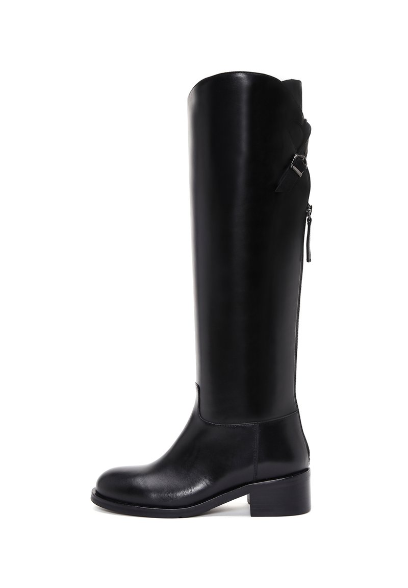 Black knee-high leather boots with a smooth finish, rectangular block heel, side zipper, and a strap detail at the top.