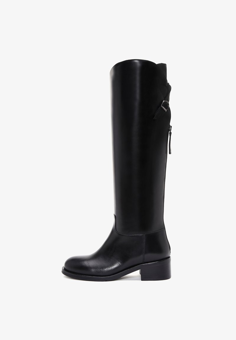 Black knee-high leather boots with a smooth finish, rectangular block heel, side zipper, and a strap detail at the top.