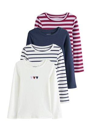Vier langärmelige Hemden: weiß mit Herzstickerei, marinegestreift, marineblau und weinrot gestreift. Mit gerippter Textur und runder Ausschnitt.
