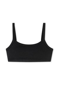 Schwarzes, kurzes Bralette mit dünnen Trägern, aus glattem Stoff gefertigt. Verfügt über einen abgerundeten Ausschnitt und ein schlichtes Design ohne Polsterung.