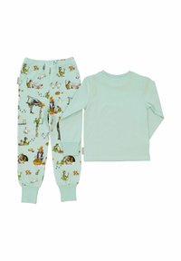 Mintgrön pyjamasset som består av en långärmad topp och mönstrade byxor med djurmotiv från bondgården. Mjuk bomullsmaterial.