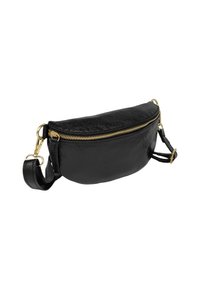 Banane en cuir noir avec une forme incurvée, fermeture éclair dorée et sangle réglable. Dispose d'une texture lisse et d'un design compact.