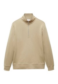 Pull beige léger avec col montant et zip quart de fermeture. Doté de poignets et ourlet côtelés, fabriqué en tissu lisse en mélange de coton.