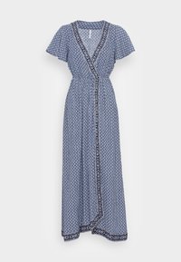 Blå mönstrad maxiklänning med korta volangärmar, V-halsringning, empiremidja och kontrasterande mörk kant längs kanterna och framtill.