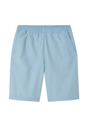 Lyseblå shorts til knæet med elastisk taljebånd og sidelommer, lagt fladt på en hvid baggrund.