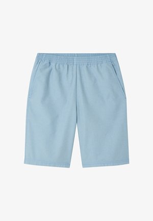 Helehallid põlveni ulatuvad lühikesed püksid, millel on elastne vöökoht ja küljetaskud, tasapinnal valgel taustal.