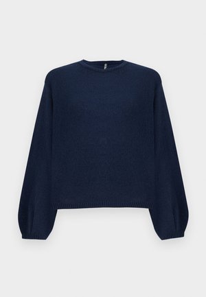 Granatowy sweter dzianinowy z okrągłym dekoltem, długimi balonowymi rękawami i prążkowanym dołem. Miękka tekstura z delikatnym wzorem w całym swetrze.