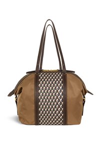 Sac à main en nylon brun avec un motif géométrique sur le devant, accents en cuir brun renforcé, double anses et fermeture à glissière.