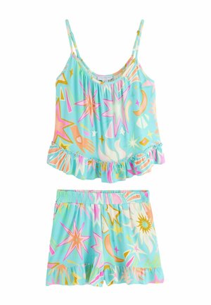 Mädchen-Zweiteiler-Pyjama-Set mit türkisfarbenem Hintergrund, mit pinken, orangefarbenen und gelben Sternen, Monden, Sonnen und Rüschensaum an Oberteil und Shorts.