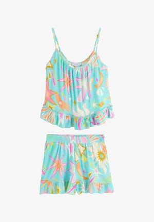 Conjunto de pijama de dos piezas para niñas con fondo turquesa, con estrellas, lunas y soles en rosa, naranja y amarillo, y volantes en los bordes de la parte superior y los pantalones cortos.