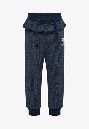 Marineblå joggerbukser med en flæse i taljen, snoretræk og kontrasterende syninger. Kantebånd og talje har en ensfarvet mørkeblå tekstur.
