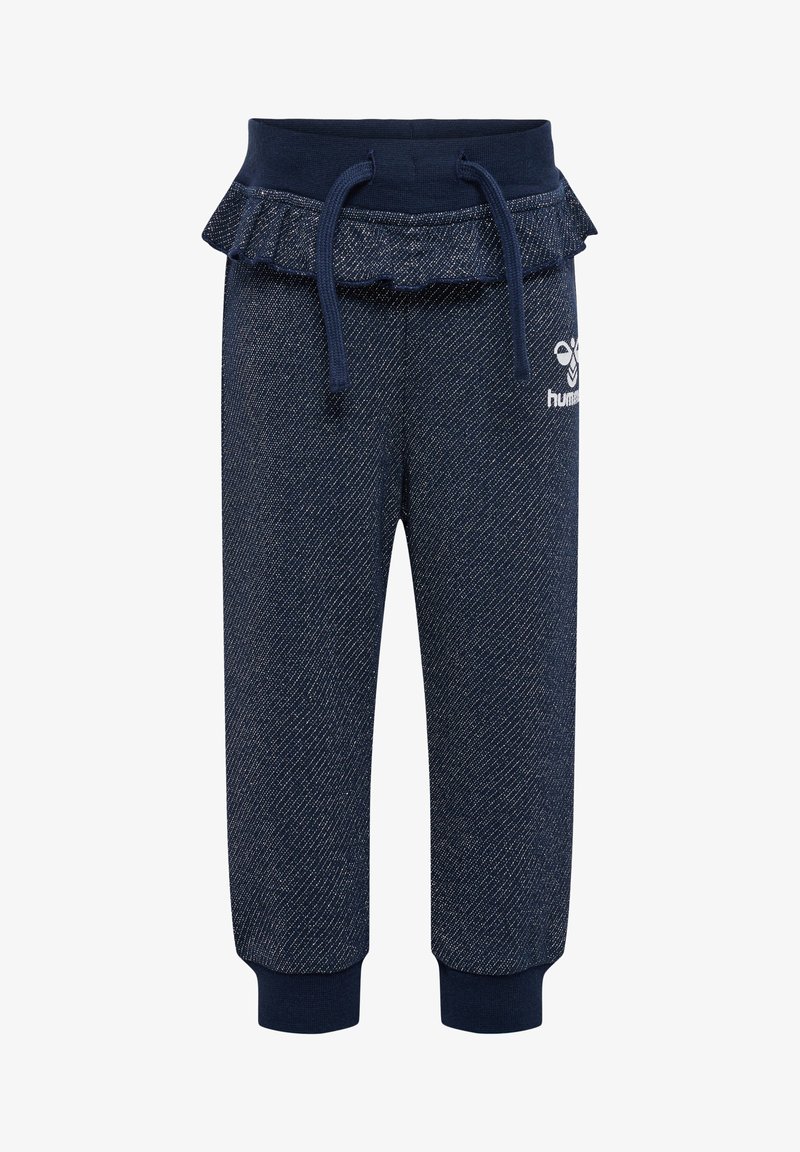 Marina joggerbyxor med volangmidja, dragsko och kontrasterande sömmar. Manschetter och midja har en enhetlig mörkblå textur.