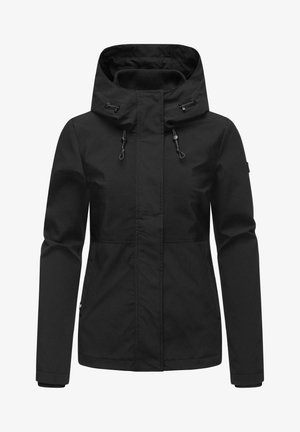 Zwarte jas met een ritssluiting aan de voorkant, verstelbare trekkoordcapuchon en een gestructureerde stof. Heeft een rechte snit en zijzakken.