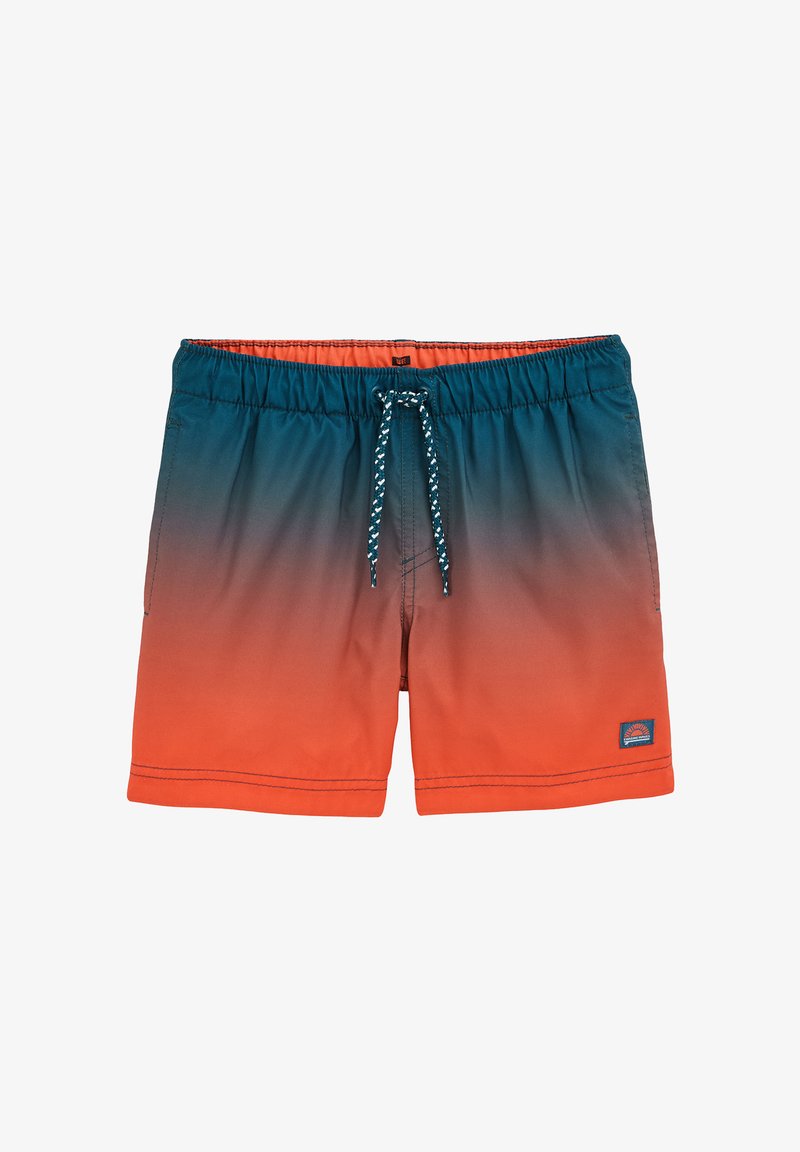 Meeste ujumisšortsid, millel on sinakasrohelisest oranžini kulgev ombre, elastne vöökoht, nööriga pingutamine, küljetaskud ja vasakul sääremarjal väike logomärk.