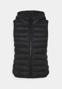 Zwarte gewatteerde vest met een ritssluiting aan de voorkant, capuchon, horizontaal afgewerkt patroon en een gladde textuur. Lichtgewicht met een gestroomlijnd ontwerp.