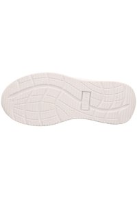 Weißer Sneakersohle mit strukturierten Mustern für besseren Halt, flach und rund geformt, mit einem sichtbaren Logo in der Mitte.