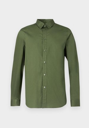 Langermet skjorte i olivengrønt, laget av glatt stoff, med knappelukking foran og spiss krage med matchende knapper.