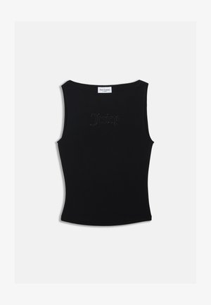 Black sleeveless top with a fitted design, featuring a rhinestone "Juicy" logo on the front. Made of smooth fabric with a round neckline.