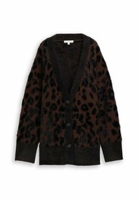 Brązowy kardigan z czarnym wzorem w cętki lamparta. Wykonany z miękkiego, teksturowanego materiału, z głębokim dekoltem w serek i zapięciem na guziki z przodu.