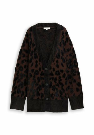 Cardigan marrone con motivo maculato nero. Realizzato in materiale morbido e strutturato, con scollo a V profondo e chiusura frontale con bottoni.
