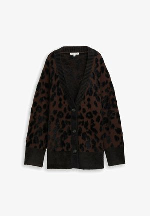 Cardigan marrone con motivo maculato nero. Realizzato in materiale morbido e strutturato, con scollo a V profondo e chiusura frontale con bottoni.