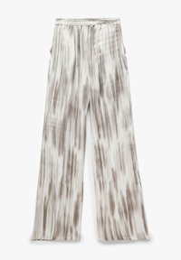 Lichte, rechte broek van een zachte stof met een witte basis en abstracte, bruine verticale strepen. Inclusief een elastische tailleband en zijzakken.