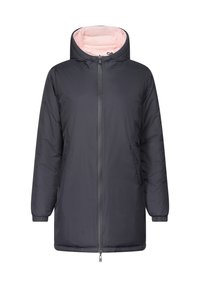 Chaqueta aislante de color gris oscuro con un forro acolchado rosa, capucha, cremallera frontal completa y dos bolsillos laterales. Tela exterior suave.
