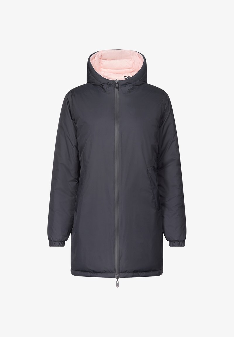 Chaqueta aislante de color gris oscuro con un forro acolchado rosa, capucha, cremallera frontal completa y dos bolsillos laterales. Tela exterior suave.