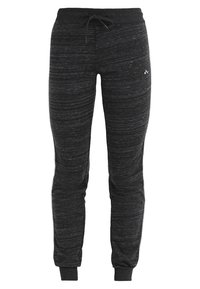 Szare spodnie dresowe wykonane z miękkiego, teksturowanego materiału, z regulowanym paskiem w talii i prążkowanymi mankietami dla dopasowania. Subtelny melanżowy wzór.