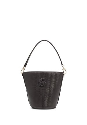 Must tekstuuriga ämbrikujuline käekott, millel on üks õlarihm ja esiküljel reljeefne "LB"-logo.