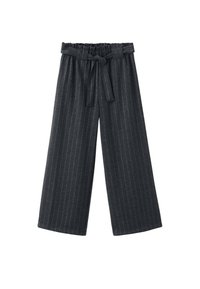 Pantalon à jambes larges en gris foncé avec un tissu texturé. Comprend des rayures verticales et une taille ajustable avec un cordon.