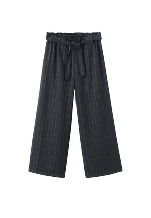 Pantalon à jambes larges en gris foncé avec un tissu texturé. Comprend des rayures verticales et une taille ajustable avec un cordon.