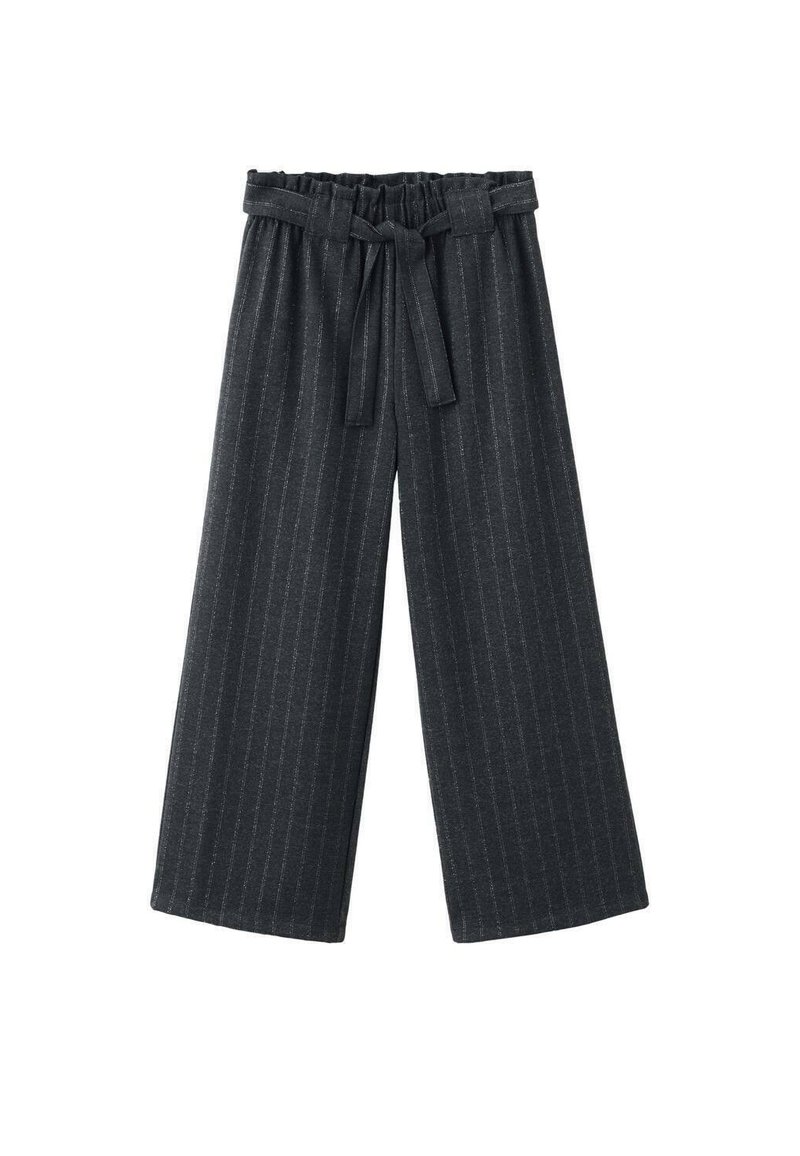Pantalon à jambes larges en gris foncé avec un tissu texturé. Comprend des rayures verticales et une taille ajustable avec un cordon.