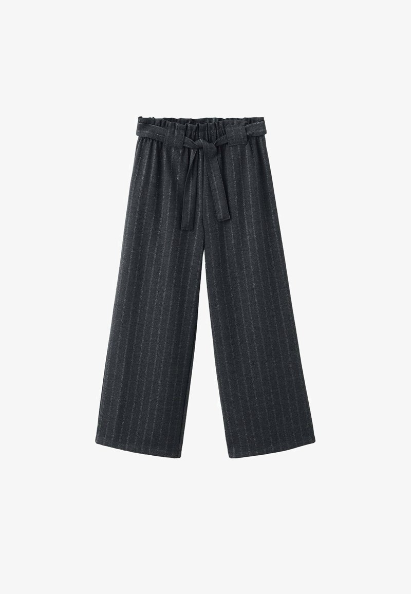 Pantalon à jambes larges en gris foncé avec un tissu texturé. Comprend des rayures verticales et une taille ajustable avec un cordon.