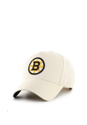 Beige baseball cap with a black and yellow Boston Bruins logo embroidered on the front center.