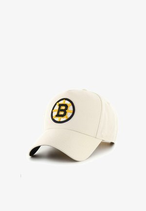 Beige Baseballkappe mit einem schwarz-gelben Boston Bruins-Logo, das vorne in der Mitte aufgestickt ist.
