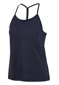 Marinblå atletisk linne med låg ringning och två tunna band, med en texturerad tyg och en liten logotyp på framsidan.