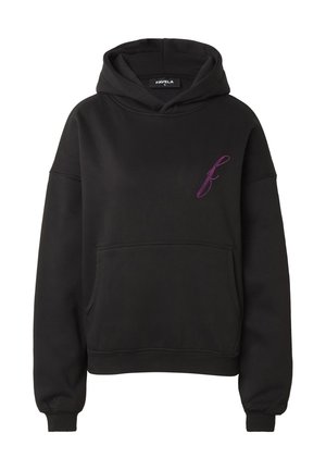 Hanorac negru cu glugă, buzunar frontal și logo mic „f” scris de mână, mov, pe partea stângă a pieptului, mărimea mică.