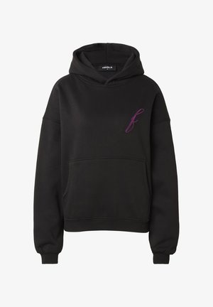 Hanorac negru cu glugă, buzunar frontal și logo mic „f” scris de mână, mov, pe partea stângă a pieptului, mărimea mică.