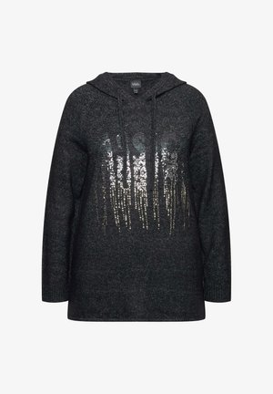 Czarna bluza z kapturem z cekinowym wzorem tworzącym efekt kapania. Miękki materiał z długimi rękawami, o luźnym kroju i fakturowanym wykończeniu.