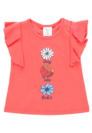 Coral toddler t-shirt with ruffled sleeves, featuring vertical floral prints labeled Daisy, Tulip, and Orchid in white, orange, and blue colors.