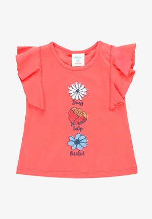 Coral toddler t-shirt with ruffled sleeves, featuring vertical floral prints labeled Daisy, Tulip, and Orchid in white, orange, and blue colors.