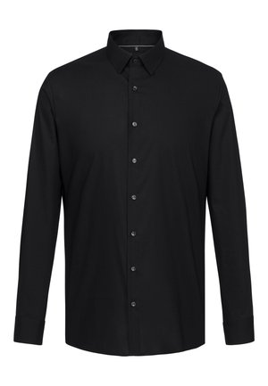 Zwarte overhemd met lange mouwen van gladde stof, met een klassieke kraag, knopen aan de voorkant en knoopmanchetten, met een getailleerde pasvorm.