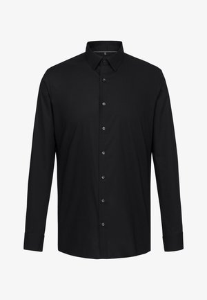 Zwarte overhemd met lange mouwen van gladde stof, met een klassieke kraag, knopen aan de voorkant en knoopmanchetten, met een getailleerde pasvorm.