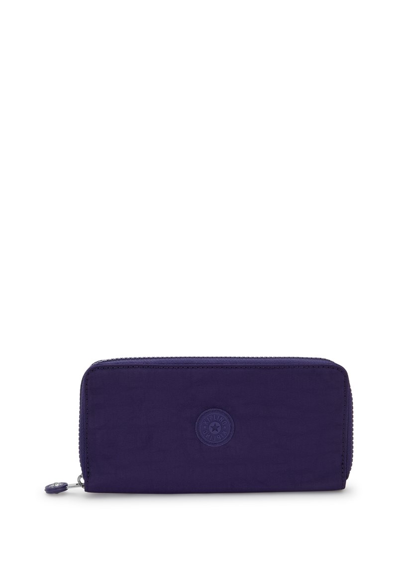 Purple zip-around wallet with circular embossed logo in the center and zipper pull on the left side.