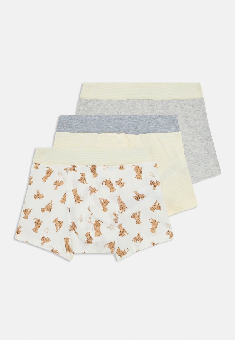 Quatre paires de boxers en coton : l'un avec un imprimé léopard, un jaune clair à rayures, un gris et un autre jaune clair uni.